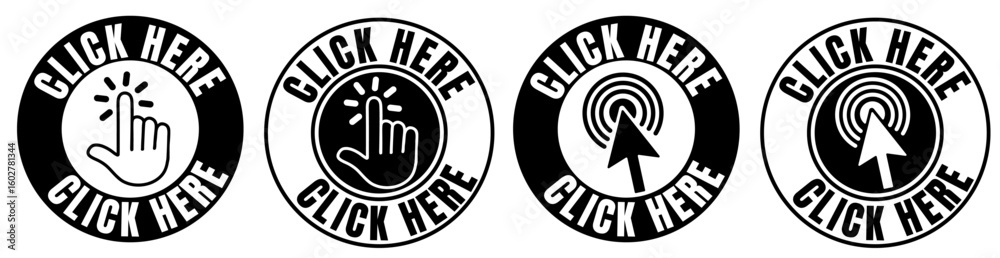 Fototapete click here circle icon set. round labels with computer mouse click cursor and click with hand cursor