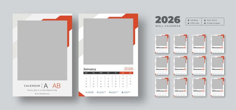 2026 monthly wall calendar template | Week starts on Monday | Editable 12-page vector planner | Clean and printable layout for scheduling