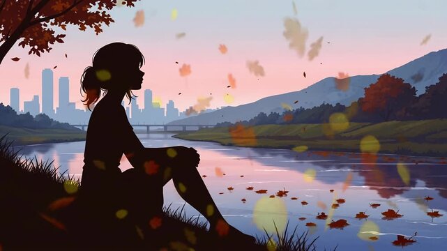 Silhouette of a Woman by a River at Sunset