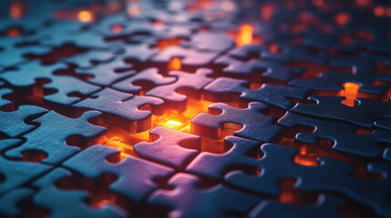Dark Blue and Purple Illuminated Jigsaw Puzzle Pieces Close Up