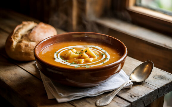 A photograph of a steaming bowl of "Apfelsuppe" (apple soup), presented in a rustic earthenware bowl. The soup is a vibrant orange color, garnished with a swirl of cream and a sprinkle of chopped pars