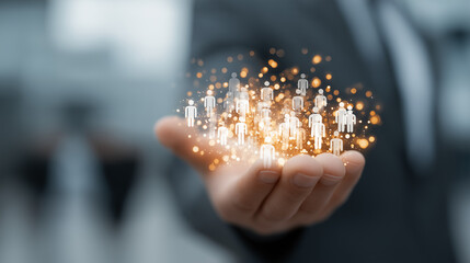 Hand holding glowing people icons and sparkles image