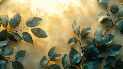 Dark Green Leaves on Golden Glitter Background