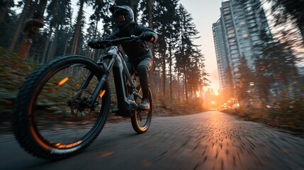 Young adult in helmet riding an e-bike through a blurred urban path