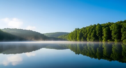 Fototapeta premium Calm Morning Reflection, Lake View, Serene Nature, Photographic Landscape, Tranquil Environment, Peaceful Concept