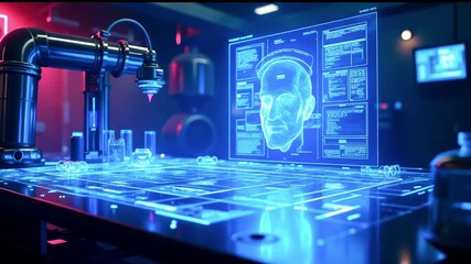 Futuristic laboratory scene showcasing advanced facial recognition technology on a digital display - Powered by Adobe