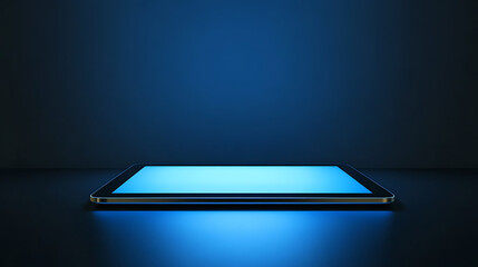 frameless floating tablet screen mockup, hovering above black surface, ambient blue light, futuristic minimal tech design.