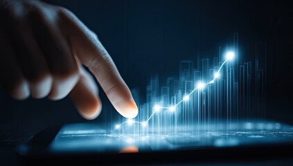 A hand interacts with a glowing digital graph on a tablet.  The graph shows an upward trend