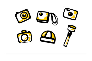 A charming hand drawn collection of vintage and modern cameras a selfie stick and a cap all rendered in a playful doodle style