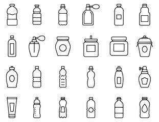 Vector art of a collection of various bottle and container line icon set. Bottle outline icon set.