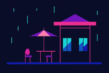 Obraz premium Minimalist rainy night scene with cafe seating and building