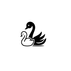 Fototapeta premium A stylized illustration of a black swan and a white cygnet in silhouette