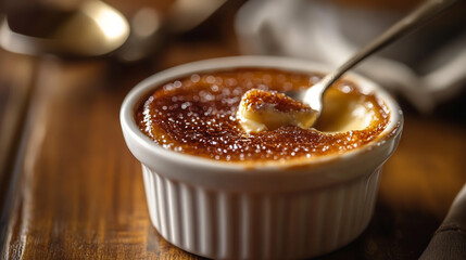 French crème brûlée in ceramic ramekin, caramelized sugar top, spoon cracking surface, elegant dessert background.