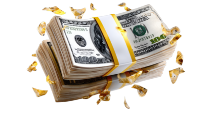 Stacks of Cash: A close-up shot showcases bundles of money. The image evokes a sense of wealth, financial abundance, and monetary value. 