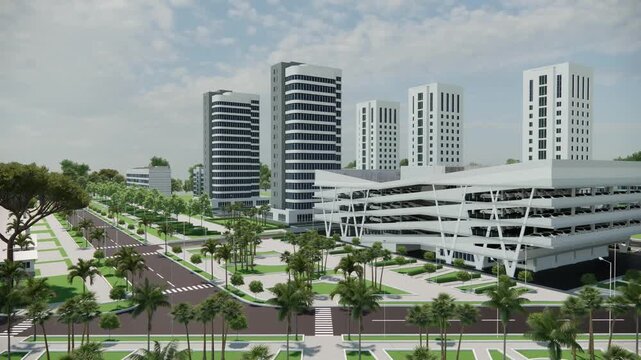 Modern ecological city. Modern city concept and environmental technology. Modern technology in urban areas. 4K 3D video footage at 60 fps