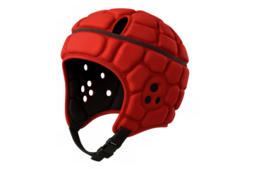Rugby scrum cap protecting player's head, featuring red color and clear background for safety during competitive gameplay