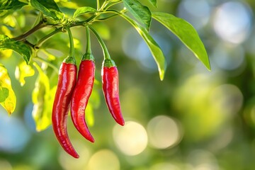 Red-hot chili peppers hanging from a tree branch on a blurred green background with copy space, a natural organic food concept, Spicy vegetable, natural organic fresh vegetable product design