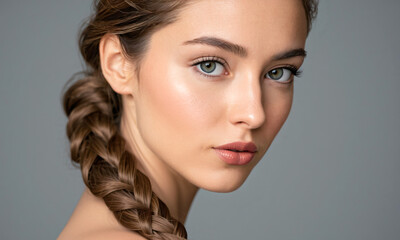 Close-up portrait of a young woman with a long Dutch braid over her shoulder soft lighting Generative AI