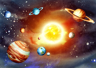 Planets of Solar system. Hand drawn watercolor illustration