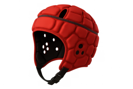 Rugby scrum cap protecting player's head, featuring red color and clear background for safety during competitive gameplay