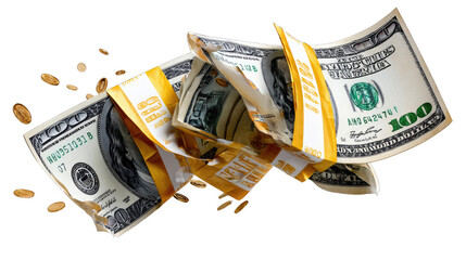 Falling Cash: A collection of US one hundred dollar bills and coin in motion, offering a visual representation of finance, currency, and investment.
