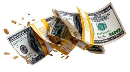 Falling Cash: A collection of US one hundred dollar bills and coin in motion, offering a visual representation of finance, currency, and investment.