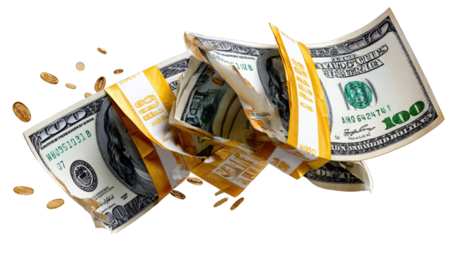 Falling Cash: A collection of US one hundred dollar bills and coin in motion, offering a visual representation of finance, currency, and investment.