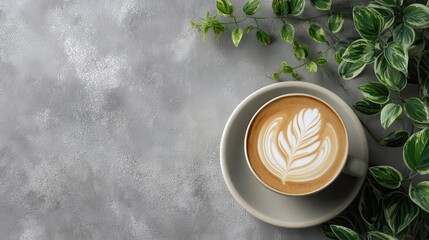 Overhead View of a Latte with Leaf Design in a White Cup on a Grey Textured Background with Greenery.