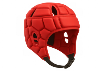 Red rugby scrum cap providing head protection, isolated on transparent background, ensuring player safety during matches