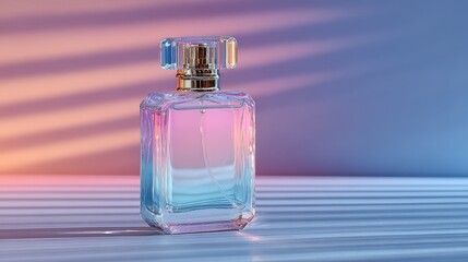 Pastel Pink and Blue Gradient Perfume Bottle on a Clean Background.