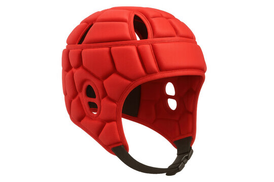Red rugby scrum cap providing head protection, isolated on transparent background, ensuring player safety during matches