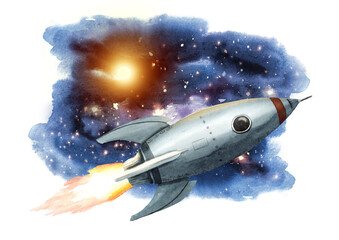 Fototapeta premium Space Rocket in the sky. Hand drawn watercolor illustration, isolated on white background