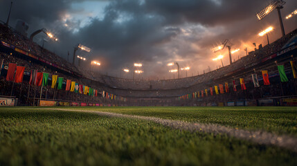 Stadium's Dramatic Arena: A colossal stadium, filled with eager fans, illuminated under a striking cloudy sky, epitomizes the heart of the sport with a dynamic and dramatic atmosphere.