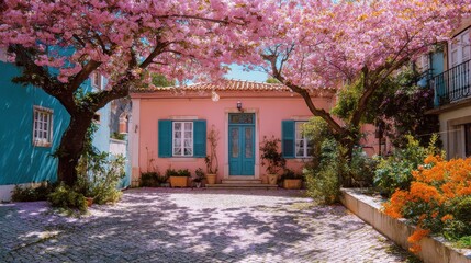 Pink House Under Blooming Cherry Blossom Trees.