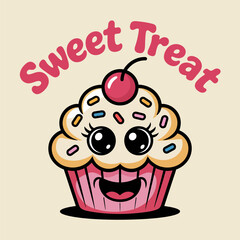 Sweet treat card with cute cupcake, cherry on top, smiling face, playful script, printable sticker, autumn design