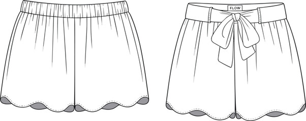 Scallop hem shorts, girls fashion cad, bow detail, flat sketch template, summer kids wear vector, back front view drawing