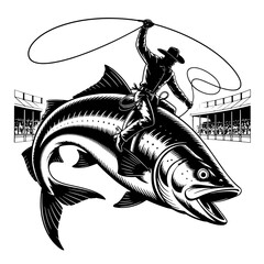 Vector Silhouette of a Cowboy Riding a Giant Fish with Lasso isolated on white