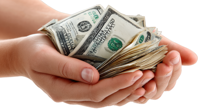 Financial Treasure in Hand: A close-up shot of hands cradling a substantial stack of United States banknotes, offering a visual testament to wealth, financial security.