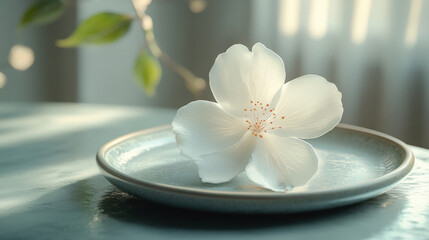 Delicate White Flower on Teal Plate in Soft Light