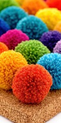 Rainbow Colored Yarn Pom Poms on Cork Over White Background.