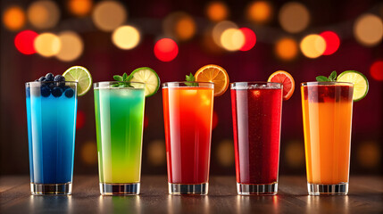 Five colorful cocktails with fruit garnishes on a bar