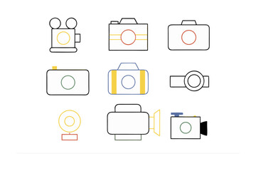Collection of stylized camera icons featuring vintage and modern photography equipment for digital design projects