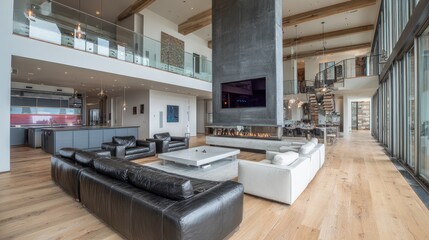 Open-plan modern living room with high ceilings