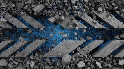 Grey concrete fragments, broken apart, revealing glowing blue substance. Symbolizes destruction, breakthrough, or technological innovation