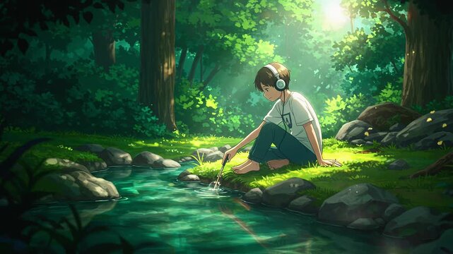 Tranquil Boy Listening to Music by a Forest Creek