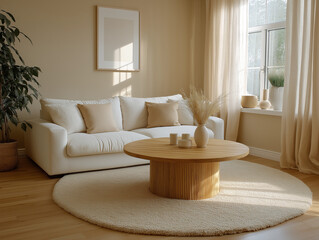 Interior living room with a sofa, center table, carpet, curtains, potted plants, while window sunlight, decorative backdrop.