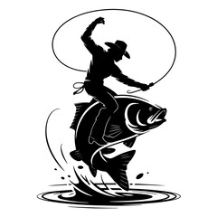 Vector Silhouette of a Cowboy Riding a Giant Fish with Lasso isolated on white