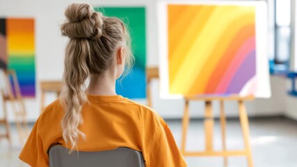 Artist woman working in colorful creative studio. Ideal for art schools and creative workspace marketing materials. - Powered by Adobe