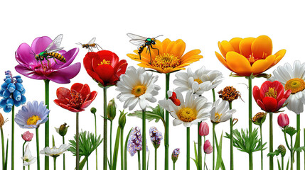 Fototapeta premium Floral Fiesta: A vibrant and diverse array of colorful flowers stand tall, their petals displaying a spectrum of hues, bringing to life the vivid beauty of a natural landscape.