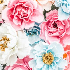 Floral Pattern with Pink White and Blue Roses in Detailed Close up View